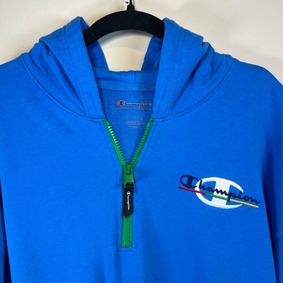 Champion Men's Quarter Zip Hoodie Sweatshirt Blue Pockets Embroidered Logo Large - Picture 4 of 14